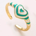 Adjustable gold plated heart ring with green and white enamel drip oil design - Lake Blue