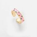 Bague ouverte en acier titane émaillé rose avec zircons colorés et finition dorée - Rose
