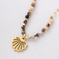 Bohemian beaded shell necklace with gold hollow fan pendant and multicolor beads - Brown Beaded Scallop Shell Pendant