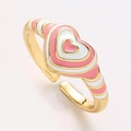 Pink and white enamel heart ring with gold plating and adjustable opening for women - Pink