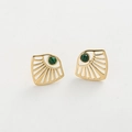 Macro view of fan-shaped gold earrings featuring malachite inlay and hollowed design - Green (Fan Studs)