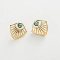 Macro shot of fan-shaped cutout earrings with natural turquoise stone and gold plating - Blue (Fan Studs)