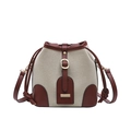 Borsa a secchiello retrò in tela beige con finiture in pelle marrone scuro e tracolla - Rosso