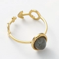 Golden open ring with grey oval gemstone featuring Mars symbol and cross detail - Thin Zirconia Stainless Steel Ring (Grey)
