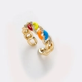 Adjustable gold chain ring with colorful enamel segments and micro-pave cubic zirconia - Colorful