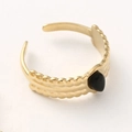 Bague dorée ajustable bohème avec perles ondulées sur deux rangs et pierre goutte noire - Noir