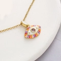 Gold Evil Eye necklace with purple stone and colorful striped enamel pendant details - AB White