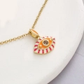 Gold evil eye necklace with orange, pink and white enamel pendant and brown crystal - Orange Red