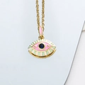 Collier avec pendentif Mauvais Œil doré en émail rose et vert menthe et pierre bleue - Rose & Vert