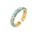 Bague ouverte dorée en émail bleu clair avec fleurs blanches et zircons pour femmes - Bleu Ciel
