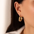 French vintage U-shape gold hoop earrings with colorful gemstones and pearls on model - Round Multi-color Zirconia Pearl Style