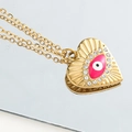 Collana cuore occhio del male dorata con smalto rosa e zirconi bianchi brillanti - Rosa Rosso