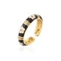 Anello regolabile in oro con fiori, smalto nero, margherite bianche e cristalli - Nero