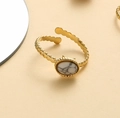 Minimalist gold oval ring with white marble stone texture and vintage beaded band - Thin Oval White Stone Inlay Ring / White