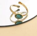 Minimalist gold-plated stainless steel ring with oval turquoise and wavy textured band - Thin Oval Blue Stone Inlay Ring / Blue