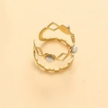Gold double-layered wave open ring featuring turquoise marble diamond stone inlay - Gold With White Marble Stone (One Piece)
