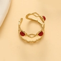 Double-layer wave open ring in gold finish featuring three vibrant red cabochon accents - Gold With Red Agate Color Stone (One Piece)