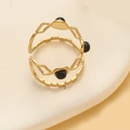 Anello a doppia onda dorato con pietre nere lucide e design aperto regolabile - Oro Con Pietra di Colore Agata Nera (Un Pezzo)