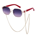 Polygonal sunglasses with gold metal frame, purple gradient lenses and red temples - Gold Frame Gradient Gray Pink (With Chain)
