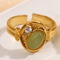 Vintage gold layered ring with oval green natural stone and crystal in a brushed finish - Light Green Gemstone Style (A4769)