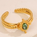 Adjustable golden stainless steel rope ring featuring a green oval natural stone - Green Style (A4775)
