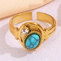 Vintage double layer gold ring with oval blue turquoise stone and small zircon stone - Blue Turquoise Pattern Style (A4771)