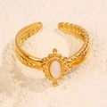 Adjustable gold plated ring with oval white gemstone and vintage twisted texture - White Style (A4776)