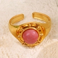 Bohemian gold stainless steel adjustable ring with a round pink natural stone - Pink