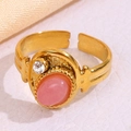 Vintage double-layer gold ring with pink oval natural stone and sparkling rhinestone - Pink Cabochon Style (A4773)
