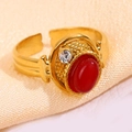 Vintage gold adjustable ring featuring a red oval stone and white rhinestone accent - Red Gemstone Style (A4773)