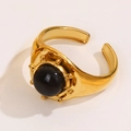 Adjustable gold stainless steel ring featuring a round black natural stone center - Black
