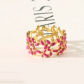 French vintage gold leaf ring with bright fuchsia enamel petals and floral openwork - Rose Red