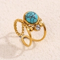 Vintage Ring aus Gold-Edelstahl mit ovalem Türkis und Zirkon, zweilagiges Design - Blauer Türkis Textur Stil (A4781)