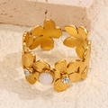 18k gold plated floral open ring featuring a white cabochon stone and small crystals - Gold with White (A4805)
