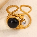 Gold double-layered ring with black natural stone and small diamond accent detail - Black Gemstone Style (A4783)