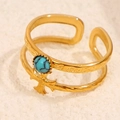18K gold-plated double-layer ring featuring a green turquoise stone and cross detail - Blue Style (A4789)