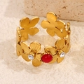 Adjustable 18k gold plated geometric flower ring with red and white crystal accents - Gold with Red (A4807)