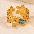 18k gold plated open flower ring with sky blue turquoise and sparkling crystal accents - Gold with Blue (A4808)