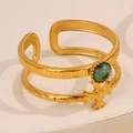 Vintage 18K gold-plated double-layer ring with green turquoise stone and cross detail - Green Style (A4791)