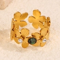 Vintage 18k gold plated floral open ring with green bead and crystal accents - Gold with Green (A4809)