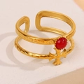 Double-layer 18K gold stainless steel ring with red bead and cross accent - Red Style (A4793)