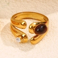 Vintage gold open ring with striped band featuring an oval carnelian stone and zircon - Brown Gemstone Style (A4827)