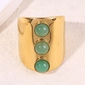 Gold plated wide band open ring featuring three green stones with vintage bezel setting - Green Aventurine Style (A4673)