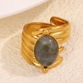Μποέμ χρυσό δαχτυλίδι από ατσάλι με πολλαπλά στρώματα και μεγάλη γκρι φυσική πέτρα - Γκρι (A4823)
