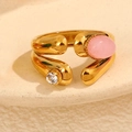 Golden double-layer open ring with pink oval stone and small crystal accent - Pink Gemstone Style (A4829)