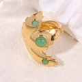 Golden leaf open ring with polished finish and three inlaid green natural stones - 3D Leaf Open Ring / Green