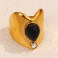 Gold plated vintage wide ring with black teardrop stone and clear zircon accents - Black Teardrop Style (A4817)