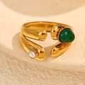 Adjustable gold band ring with green oval gemstone and clear round zircon accent - Green Gemstone Style (A4830)
