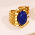 Gold multi-layer stainless steel ring featuring a vintage blue oval natural stone - Dark Blue (A4826)