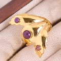Golden titanium steel leaf ring featuring purple round stones in a vintage design - 3D Leaf Open Ring / Purple